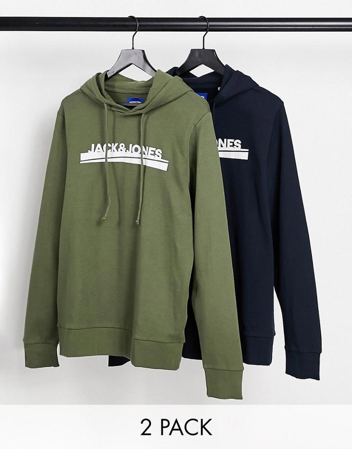 Jack & Jones 2-pack Hoodies In Navy And Dusty Olive-multi