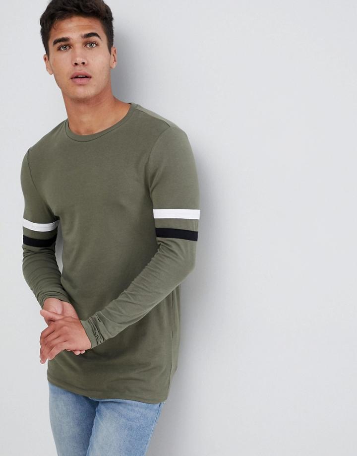 Asos Design Muscle Longline Long Sleeve T-shirt With Contrast Sleeve Panels In Khaki - Green