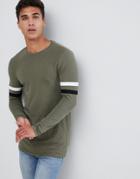 Asos Design Muscle Longline Long Sleeve T-shirt With Contrast Sleeve Panels In Khaki - Green