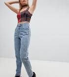One Above Another Mom Jeans With Rhinestone Trim-blue