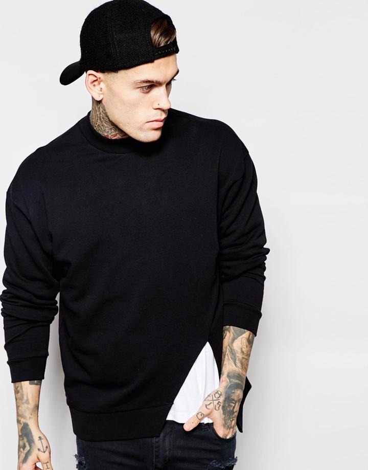 Asos Oversized Longline Sweatshirt With Asymmetric Split - Black