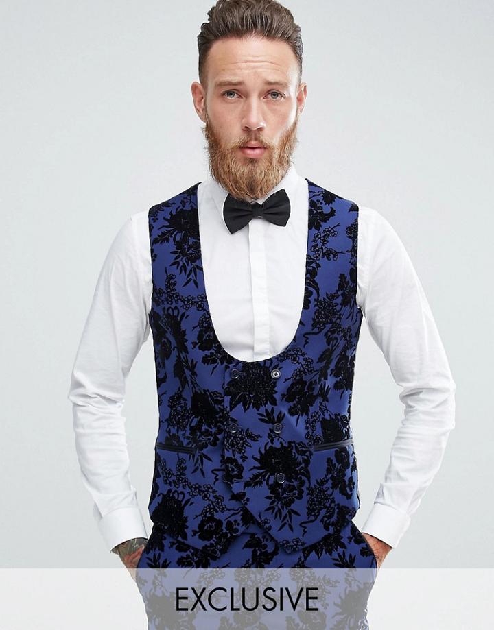 Noose & Monkey Super Skinny Suit Vest In Flocking - Blue