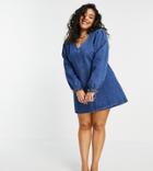 Lost Ink Plus Swing Dress With Collar And Balloon Sleeves In Vintage Denim-blues