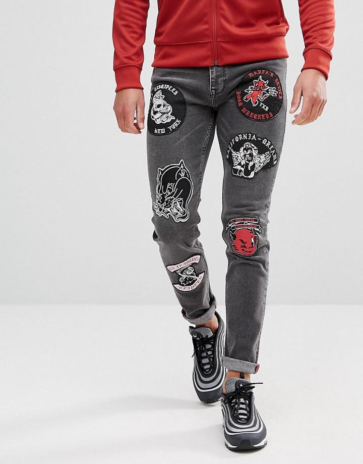 Asos Skinny Jeans In Vintage Washed Black With Large Biker Patches - Black
