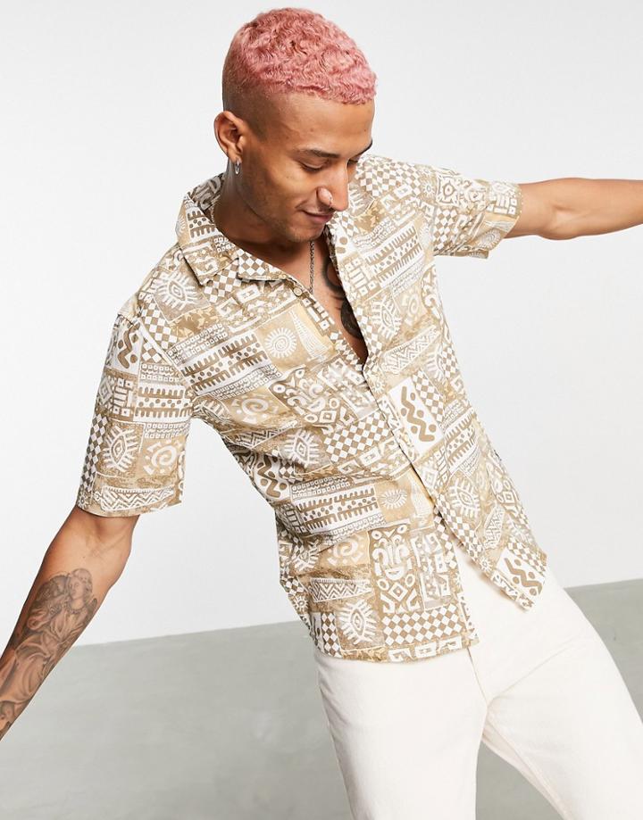 Only & Sons Revere Collar Shirt With Vintage Print In Beige-neutral