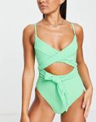 River Island Cutwork Wraparound Tie Front Swimsuit In Green