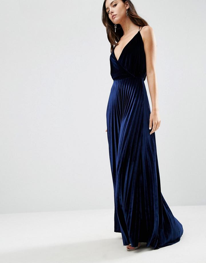 Asos Blouson Strappy Pleated Velvet Maxi Dress - Navy