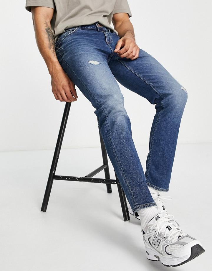 Asos Design Stretch Slim Jean In 'less Thirsty' Dark Wash With Abrasions-blue