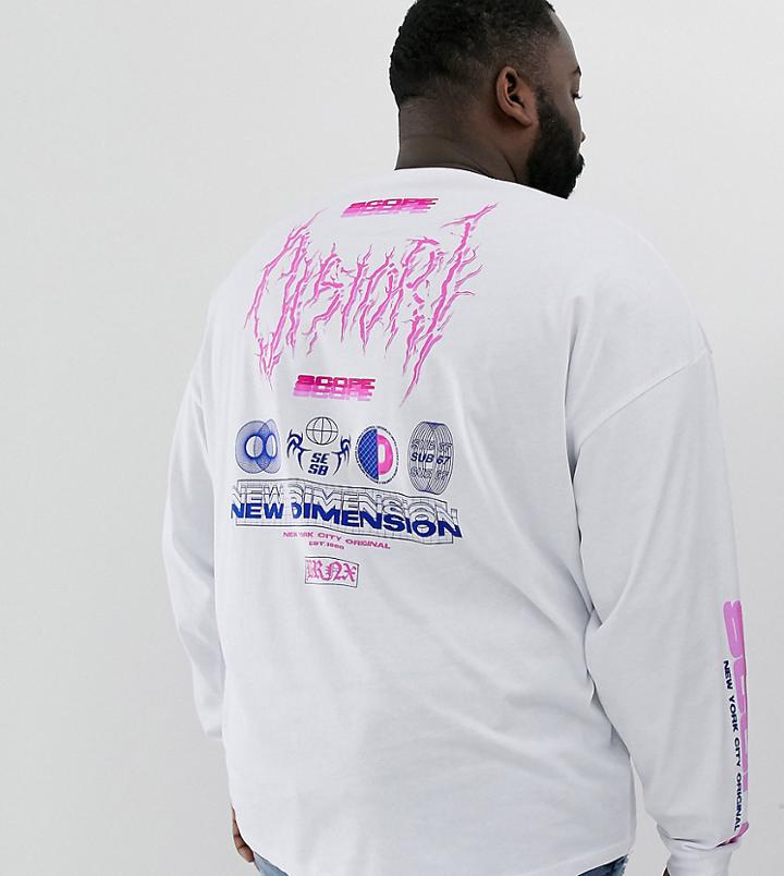 Asos Design Plus Oversized Long Sleeve T-shirt With Large Back Print And Sleeve Print-white