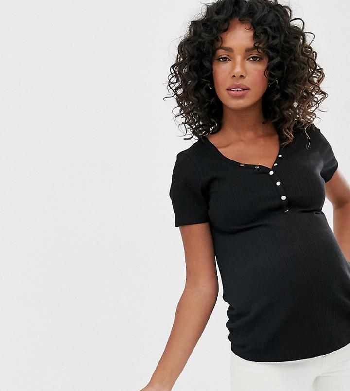 New Look Maternity Button Through Ribbed Tee In Black - Black