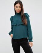 Asos High Neck Blouse With Ruffle & Sheer Bib - Green