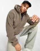 New Look Sherpa Zip Neck Hoodie In Brown