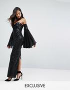 Bariano Embellished Sweetheart Column Maxi Dress With Fluted Sleeve - Black