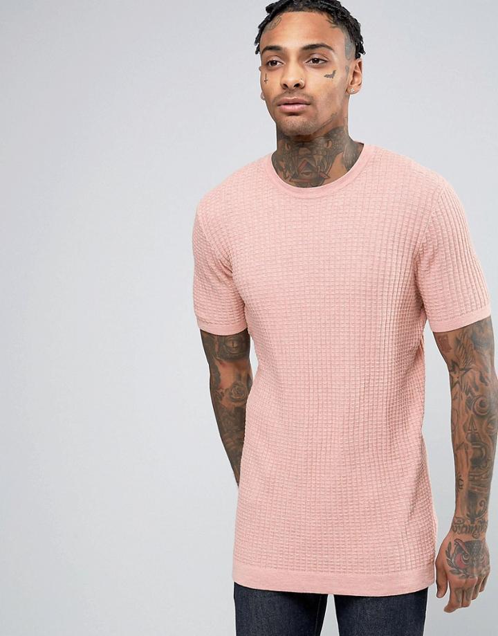 Asos Longline Waffle Knit T-shirt In Pink - Pink
