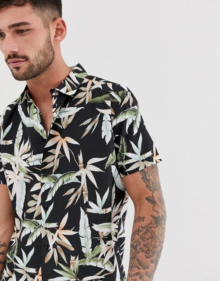 Boohooman Regular Fit Shirt In Black Leaf Print - Black