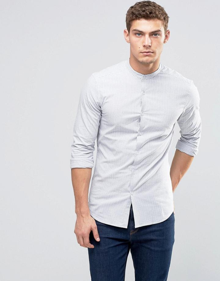 Asos Skinny Shirt With Navy Broken Stripe With Grandad Collar - Navy