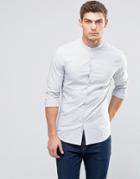 Asos Skinny Shirt With Navy Broken Stripe With Grandad Collar - Navy