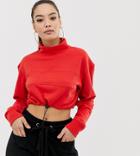 Missguided High Neck Drawstring Cropped Sweatshirt In Red - Red
