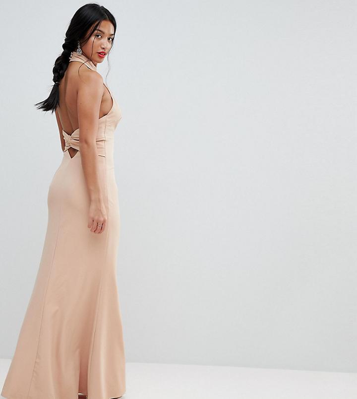 Jarlo Petite High Neck Ruched Open Back Maxi Dress-pink