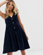 Pieces V Neck Button Front Cord Pinny Dress-navy