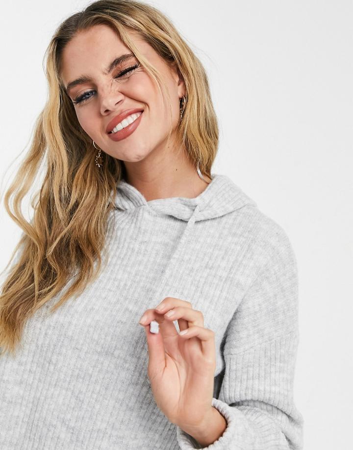 New Look Knitted Ribbed Hoodie In Gray