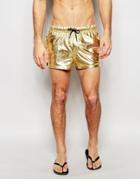 Asos Short Length Swim Shorts In Metallic Gold - Gold