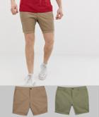 Asos Design 2 Pack Skinny Chino Shorts In Light Khaki & Stone Save-multi