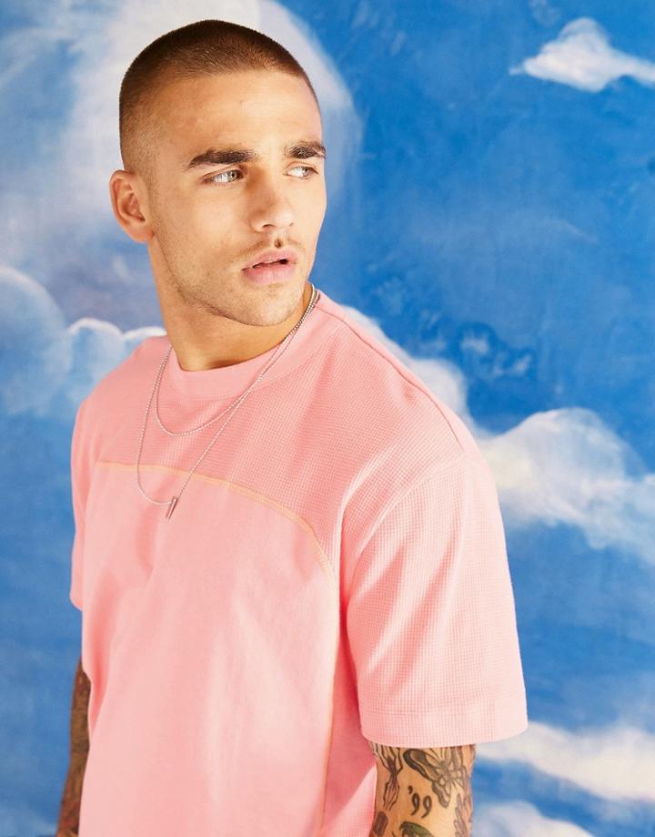 Asos Design Relaxed T-shirt In Pink With Waffle Detail And Contrast Stitching