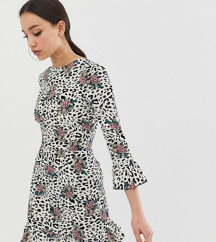 John Zack Tall Fluted Sleeve Tea Dress In Floral Leopard-multi