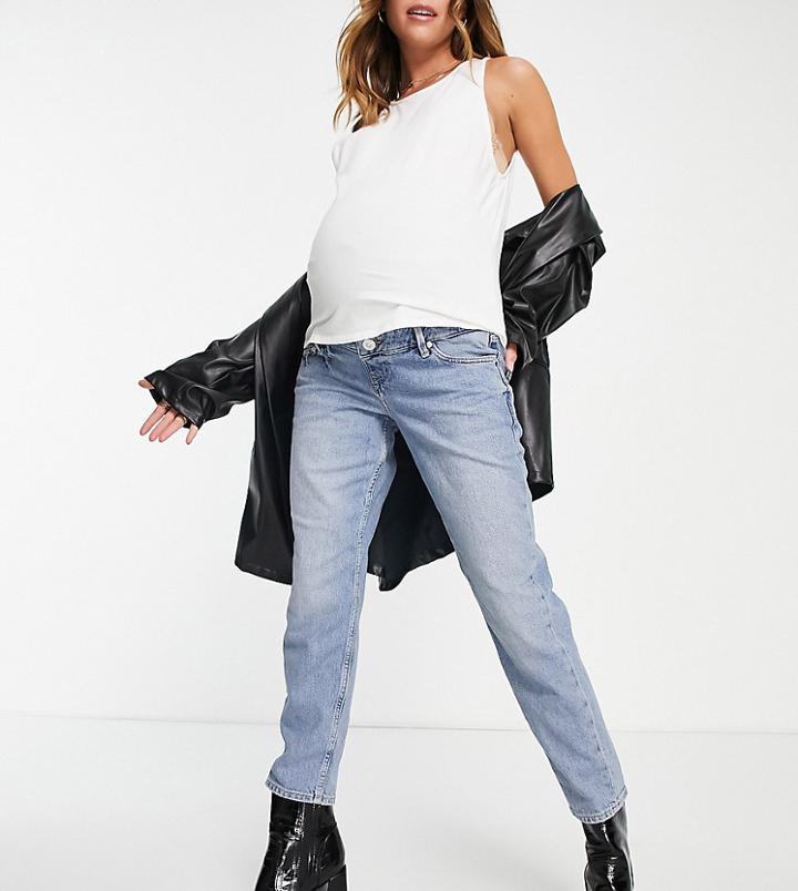 River Island Maternity Mom Jean With Rips In Medium Denim-blues