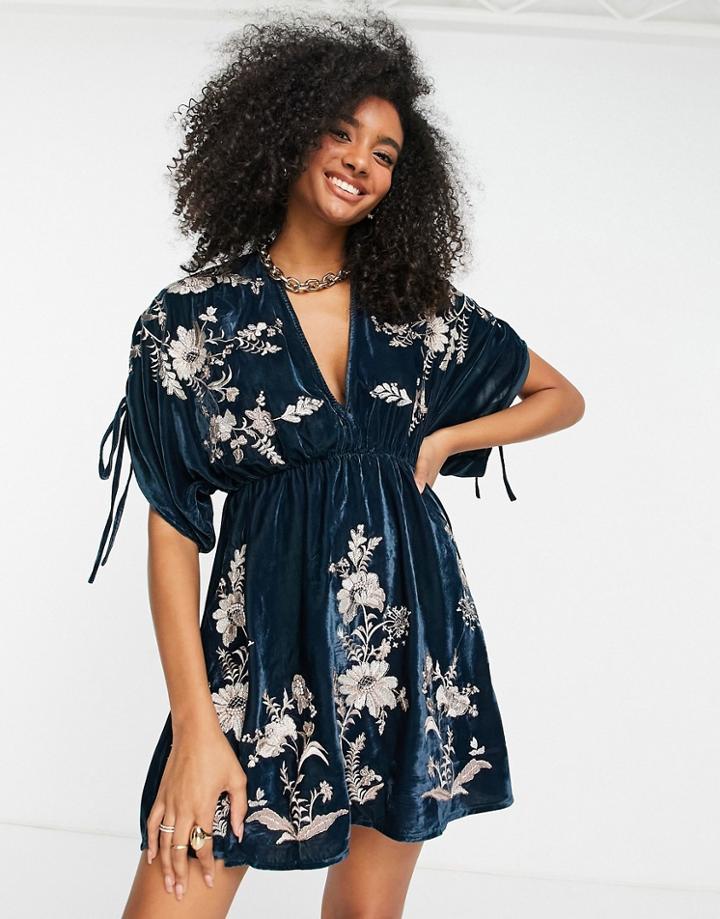 Asos Design Embroidered Mini Dress In Velvet-black
