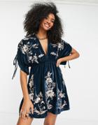 Asos Design Embroidered Mini Dress In Velvet-black
