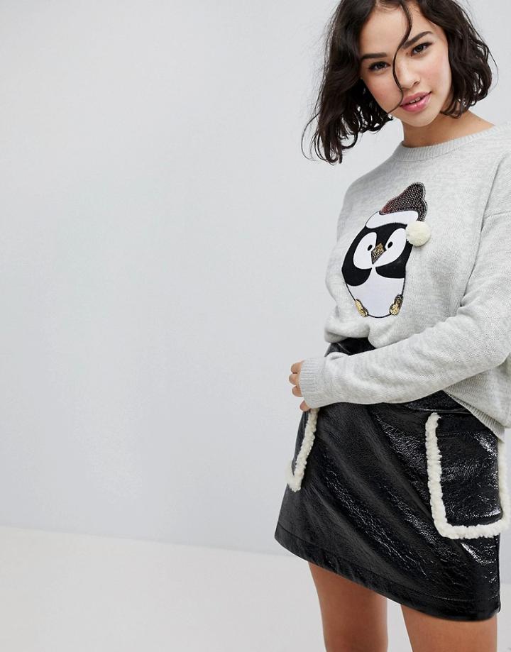 Brave Soul Holidays Penguin Sweater - Gray