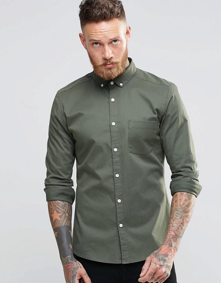 Asos Skinny Shirt In Khaki Twill With Long Sleeves - Khaki