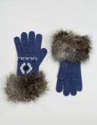 Alice Hannah Motif Fur Trim Glove - Blue