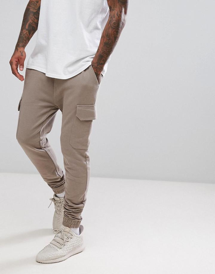 Asos Skinny Joggers With Cargo Pocket In Beige - Beige