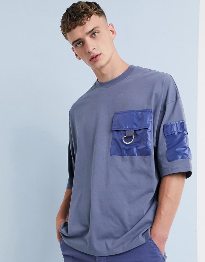 Asos Design Oversized T-shirt With Half Sleeve And D-ring Utility Pocket - Gray