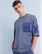 Asos Design Oversized T-shirt With Half Sleeve And D-ring Utility Pocket - Gray