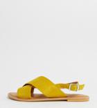 Asos Design Wide Fit Valid Cross Strap Leather Flat Sandals In Yellow - Yellow