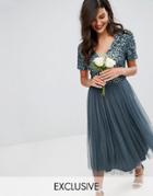 Maya Cap Sleeve Midi Dress In Tonal Delicate Sequin With Tulle Skirt - Blue