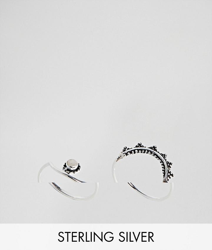 Asos Design Pack Of 2 Sterling Silver Moonstone And Engraved Stacking Rings - Silver