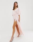 Asos Design Maxi Dress With Wrap Bodice And Pretty Embroidery-pink