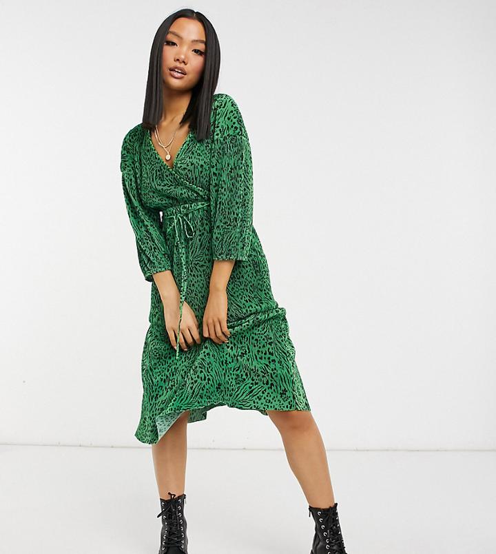 Asos Design Petite Midi Plisse Wrap Long Sleeve Belted Dress In Green Animal Print