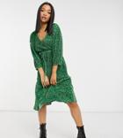 Asos Design Petite Midi Plisse Wrap Long Sleeve Belted Dress In Green Animal Print