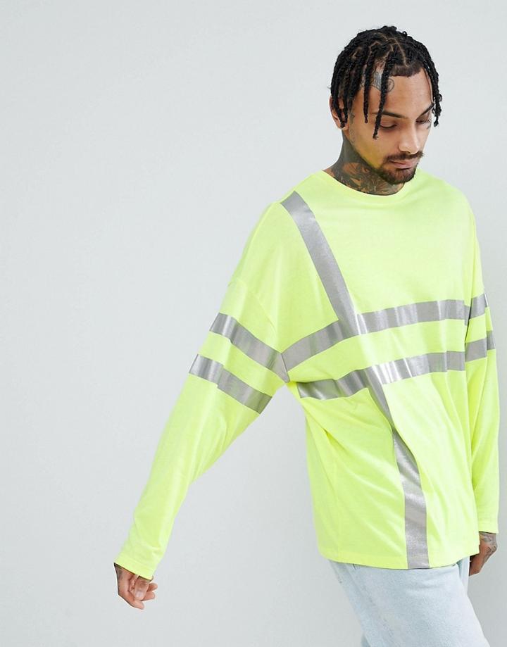 Asos Design Oversized Long Sleeve T-shirt In Neon Yellow With Reflective Grid Print - Yellow