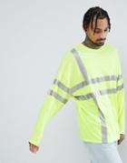 Asos Design Oversized Long Sleeve T-shirt In Neon Yellow With Reflective Grid Print - Yellow