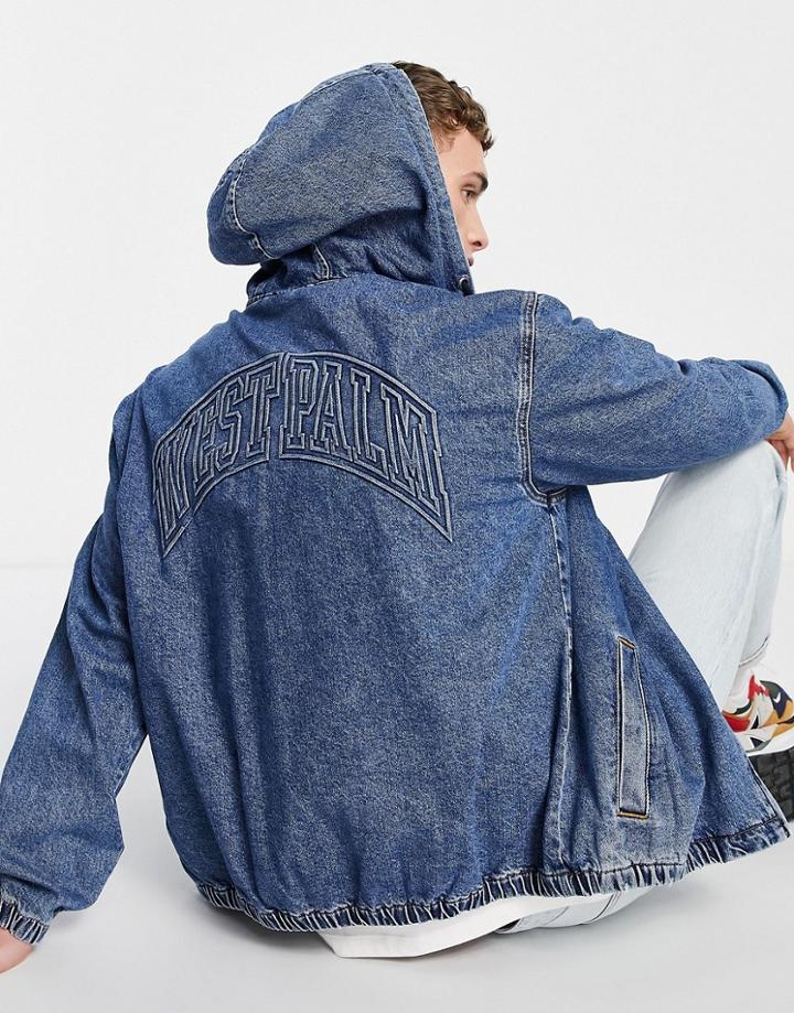 Topman Hooded Denim Jacket With Embroidery In Mid Wash Blue-blues