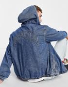 Topman Hooded Denim Jacket With Embroidery In Mid Wash Blue-blues
