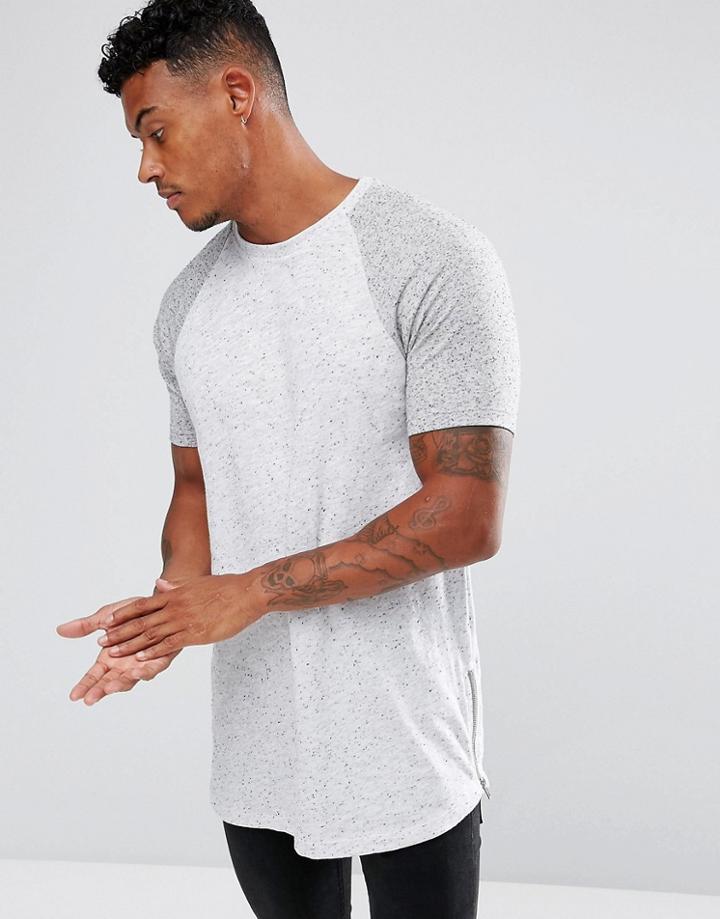 Asos Longline T-shirt In Textured Fabric With Curve Hem And Side Zips - Gray