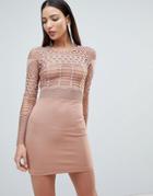 Forever Unique Mesh And Cut Out Mini Bodycon Dress - Tan